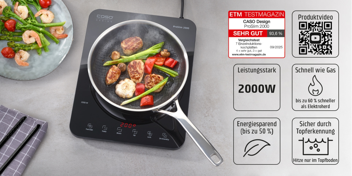 Induktionskochfeld mit Pfanne, Gemüse und Fleisch, ETM Testmagazin Bewertung, 2000W Leistung