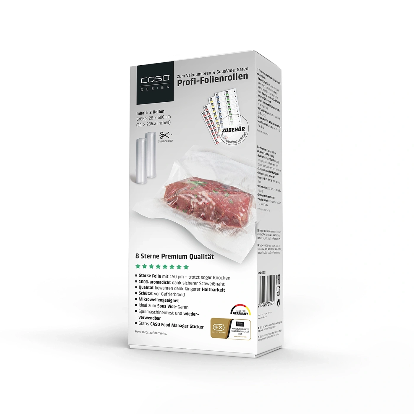 A package for CASO vacuum sealing and sous vide cooking professional foil rolls with meat.