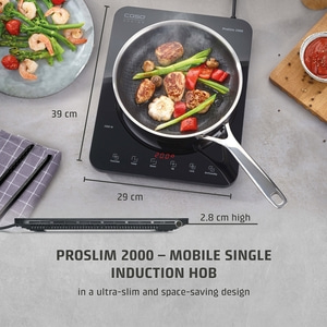 Induction cooktop with food, dimensions, and text. ProSlim 2000.