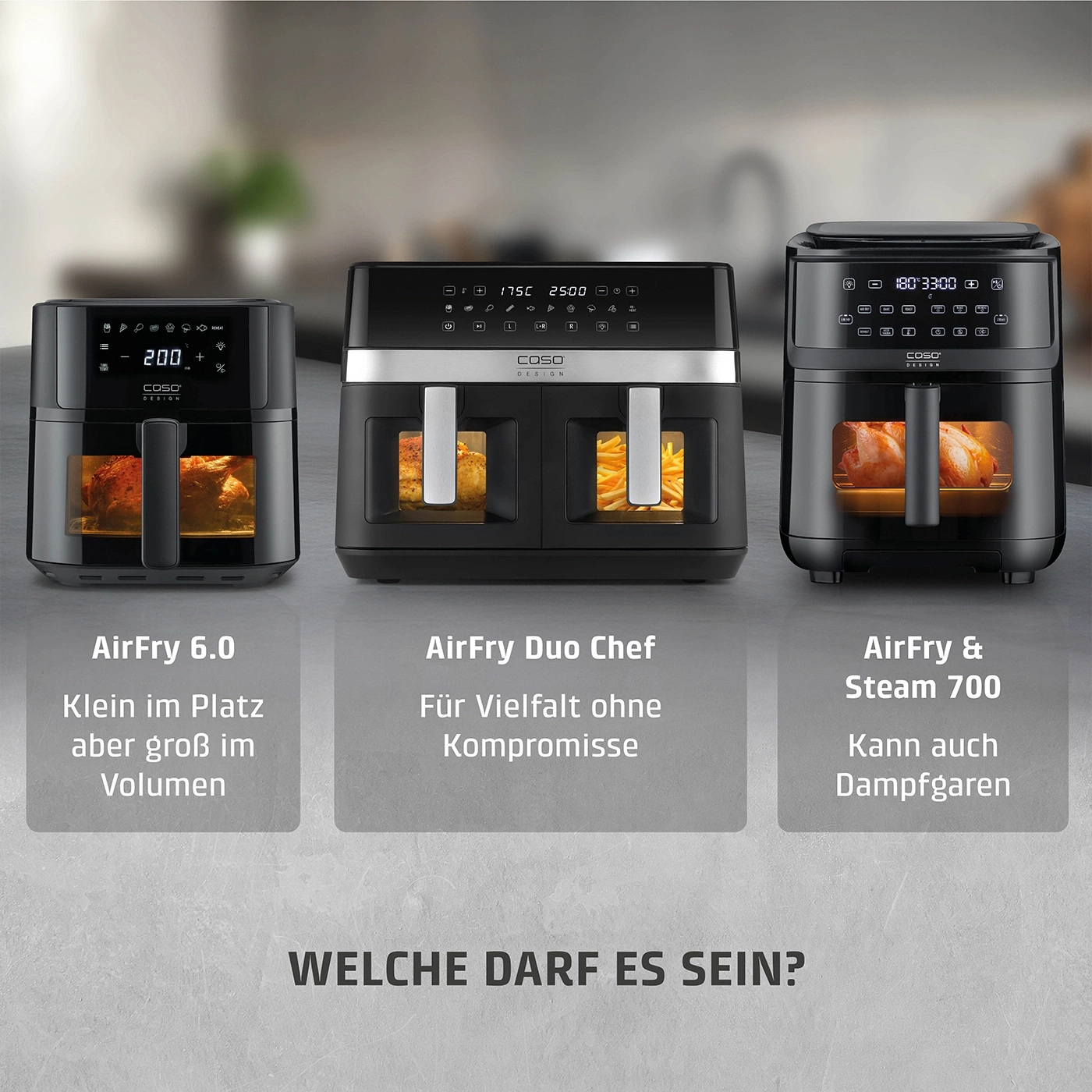 Drei Airfryer-Modelle: AirFry 6.0, Duo Chef und Steam 700. Auswahl für gesundes Kochen.