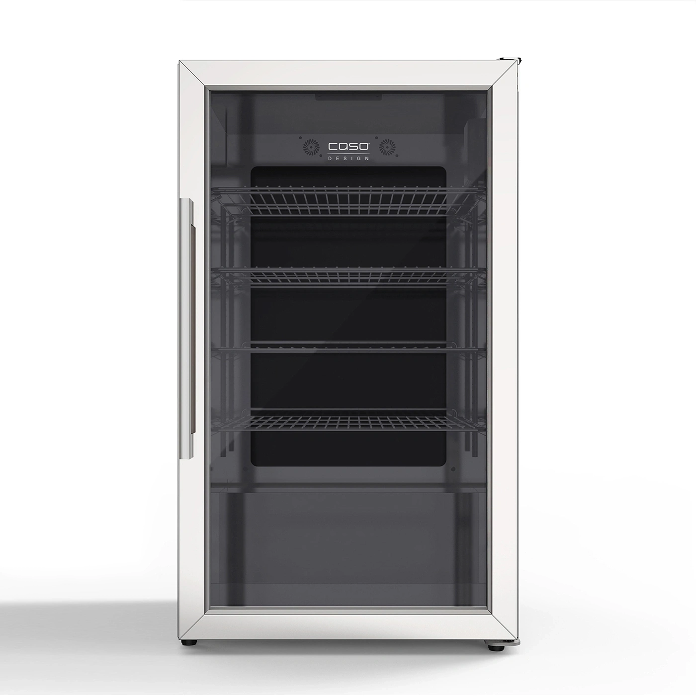 Refrigerator with glass front and shelves, Caso Design brand, isolated