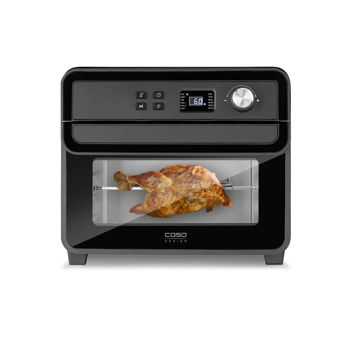 Schwarzer Ofen mit Huhn, Digitalanzeige und Drehknopf für verschiedene Kochmodi.
