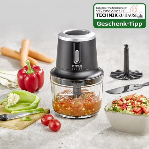 CASO Design „Chop & Go“ food processor with vegetables and gift tip.
