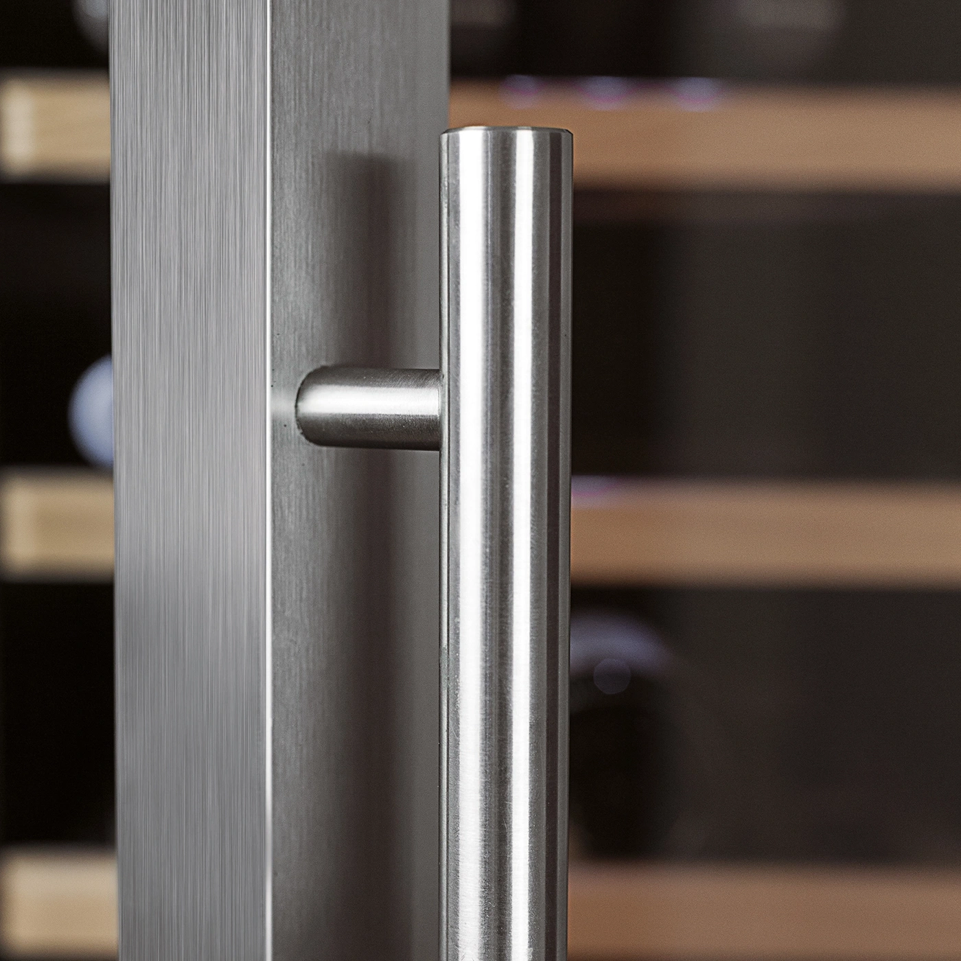 Stainless steel door handle, close-up, vertical lines, modern design, detail shot, metal