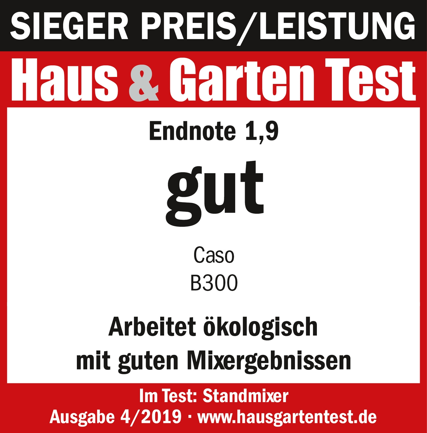 Haus & Garten Test, Endnote 1,9, gut, Caso B300, Standmixer, Ausgabe 4/2019