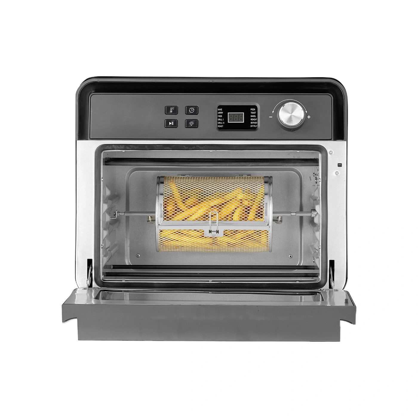 An open air fryer with french fries inside, ready for cooking and use.