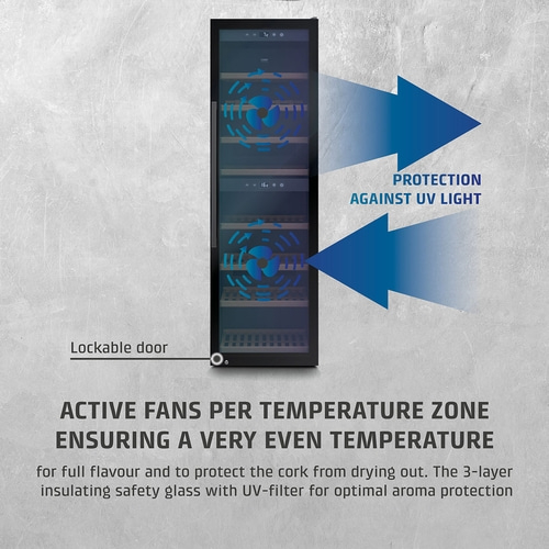Wine cooler with active fans, UV protection, and a lockable door.