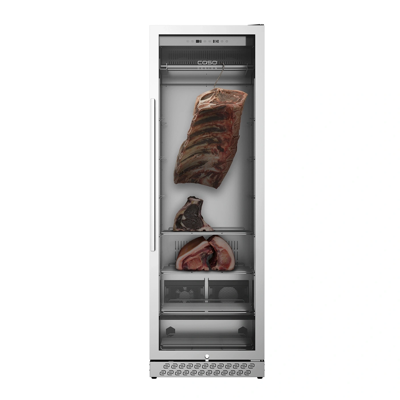 Dry aging fridge with meat, Caso Design, white, stainless steel, glass
