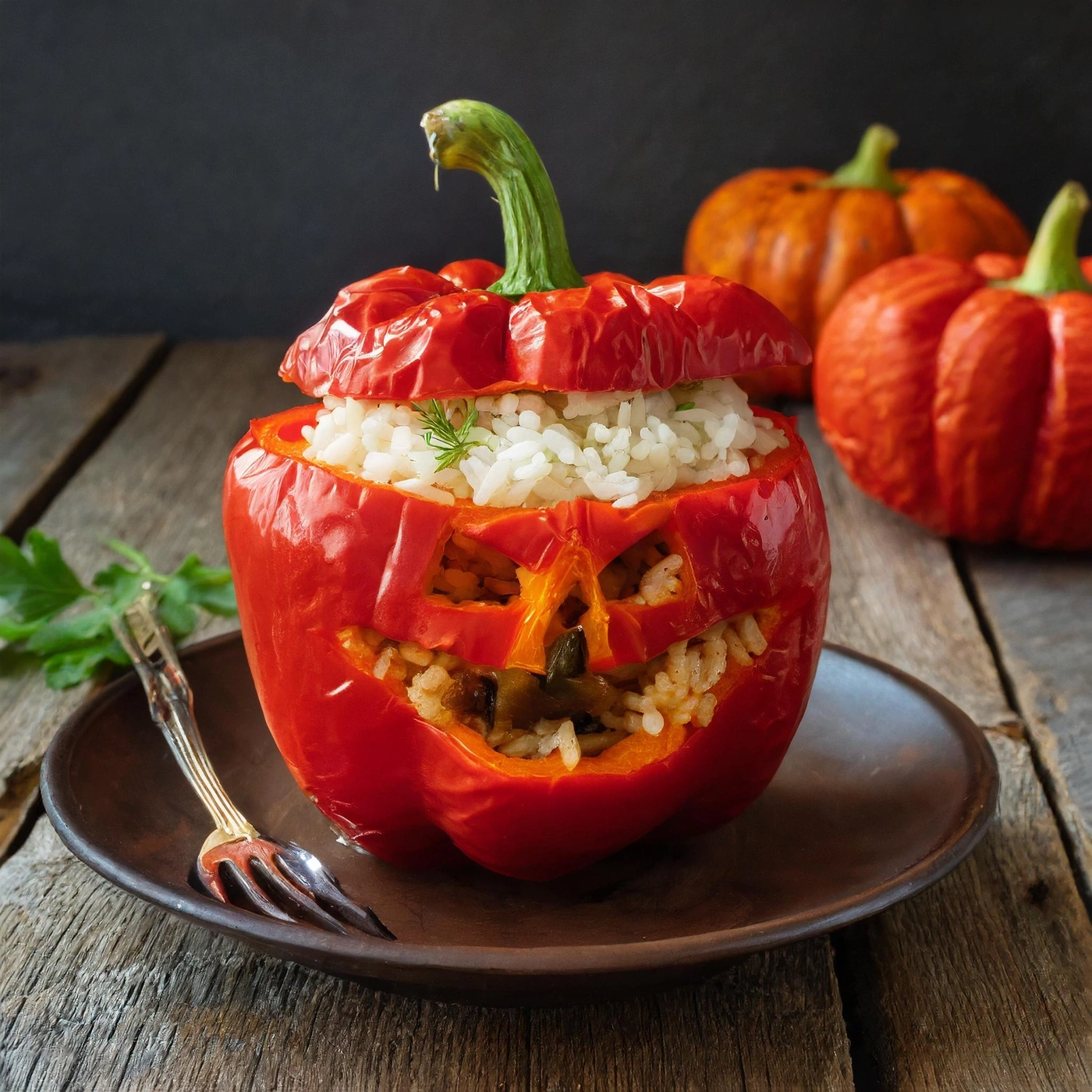 Ein roter Paprika, der wie ein Kürbis geschnitzt ist, gefüllt mit Reis auf einem Teller.