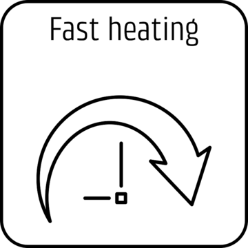 Fast heating icon with arrow and clock, black outline, white background