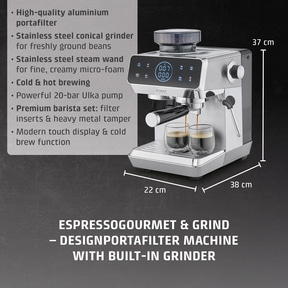 Espresso machine with portafilter, grinder and touch display
