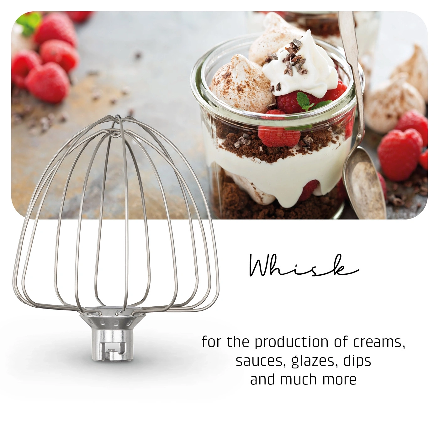 Whisk with dessert, text for creams, sauces, glazes, dips and much more.