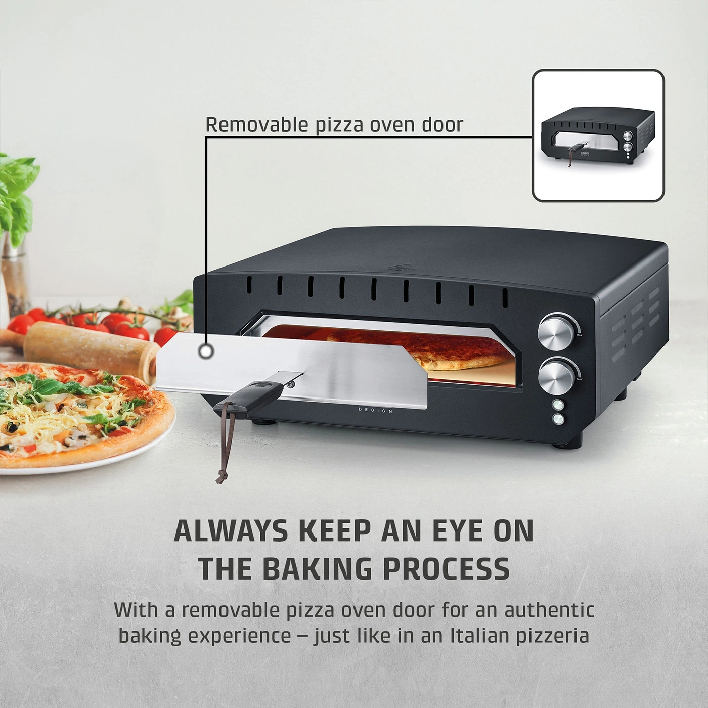 A pizza oven with a removable door and a pizza next to it.