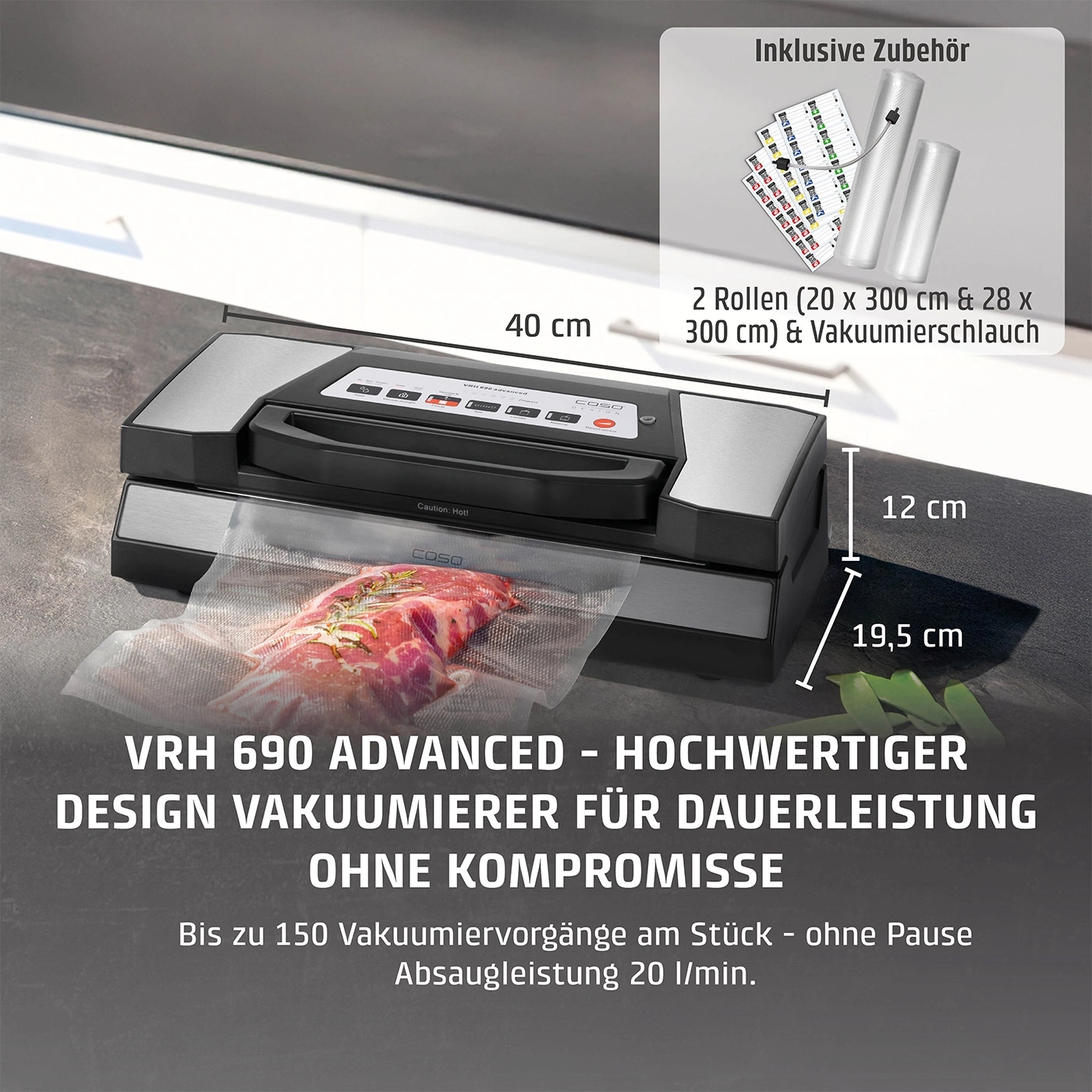 Vakuumierer VRH 690, Zubehör, 40cm, 12cm, 19,5cm, 2 Rollen, ohne Kompromisse, 20 l/min, bis zu 150 Vakuumiervorgänge