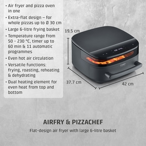 Dark air fryer with flat design and pizza up to 30cm diameter.