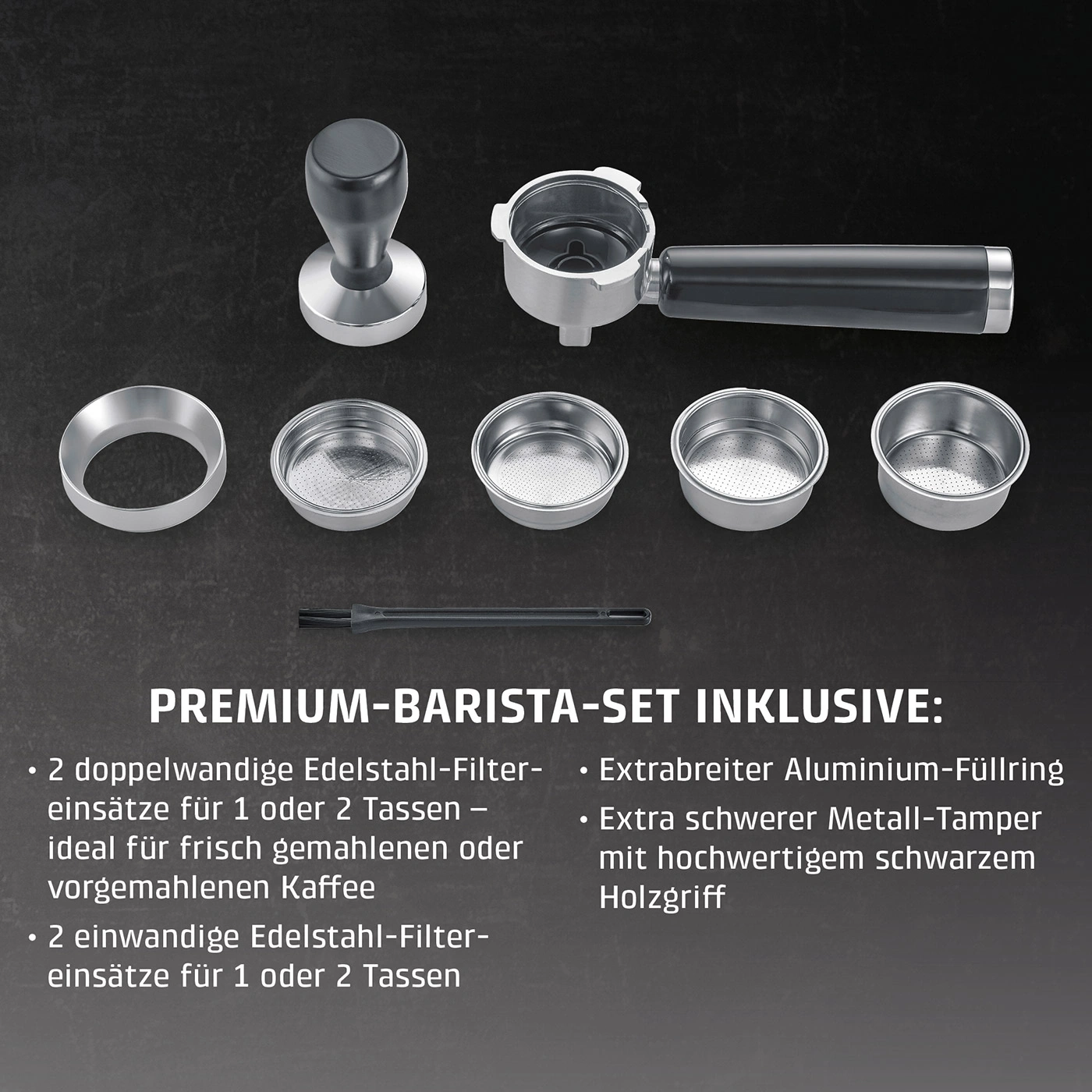 Espressomaschinen-Zubehör-Set mit Tamper, Sieben und Siebträger auf dunklem Hintergrund