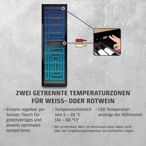 Wine cooler with two temperature zones for white or red wine, LED display.