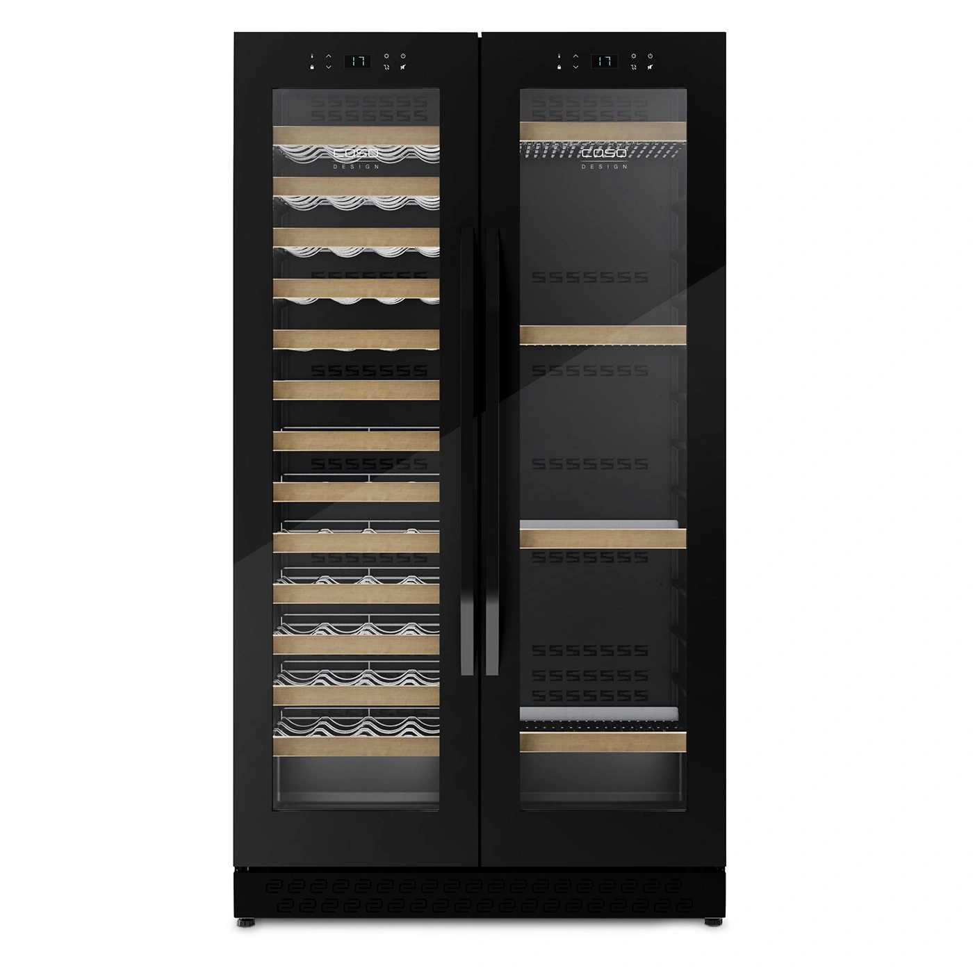 Black wine cooler with glass front and wooden shelves, COSO Design, 17 degrees.