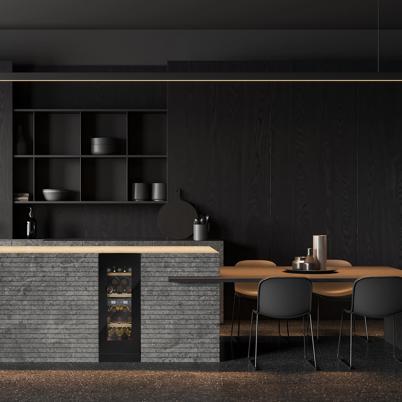 Dunkle Küche mit Weinkühler, Tisch und Stühlen, modernes Design