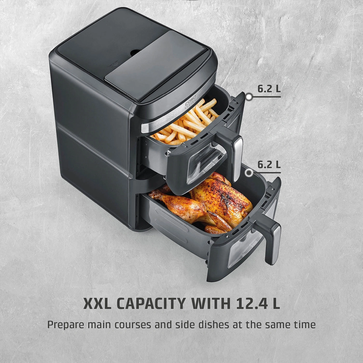 XXL capacity with 12.4 L: Prepare main course and side dish simultaneously in two baskets.