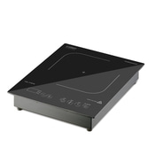 Black induction cooktop with control panel and warning signs, Caso Design ProAdvanced E1.
