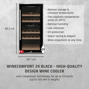 Wine cooler with features like temperature zones, UV protection, and space-saving design.