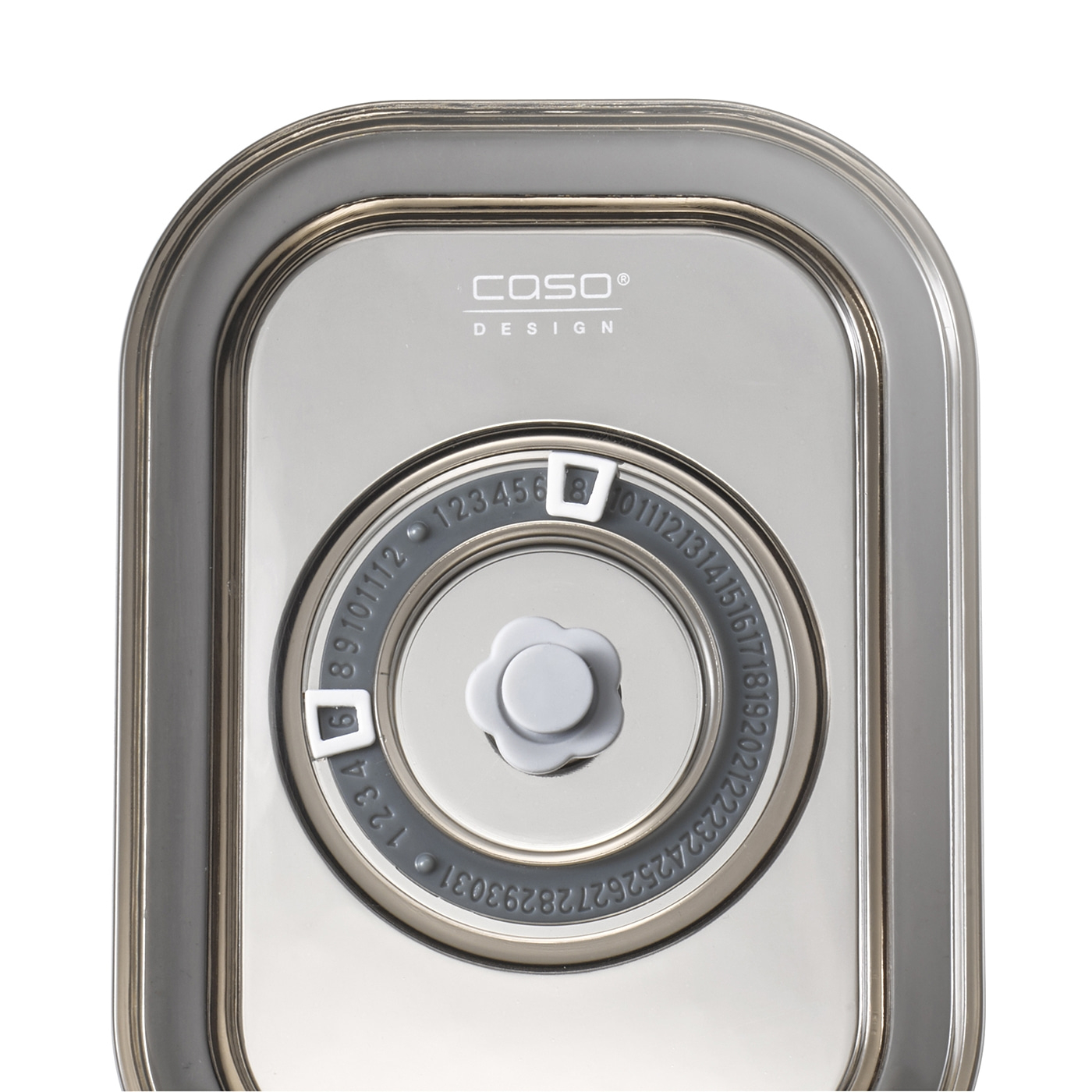 Stainless steel container with twist lock and numbers. Caso Design. Grey and silver.