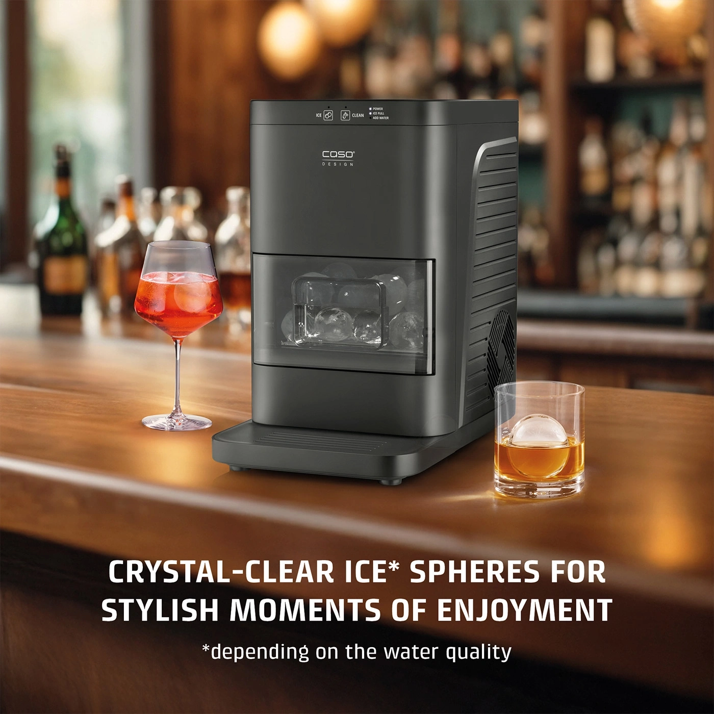 Ice maker with crystal clear ice balls for stylish moments of enjoyment