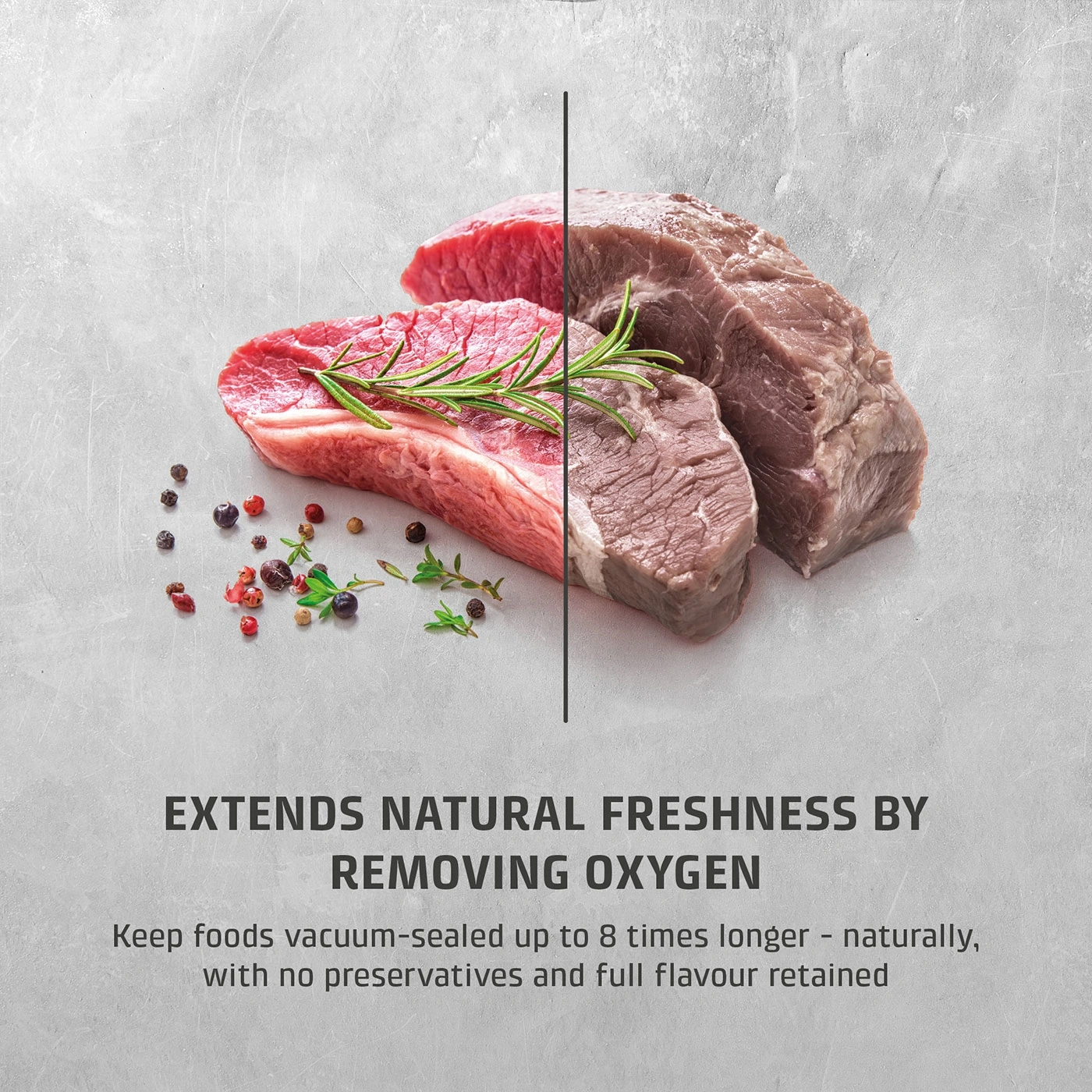 Fresh vs. preserved meat, text explains vacuum sealing benefits.