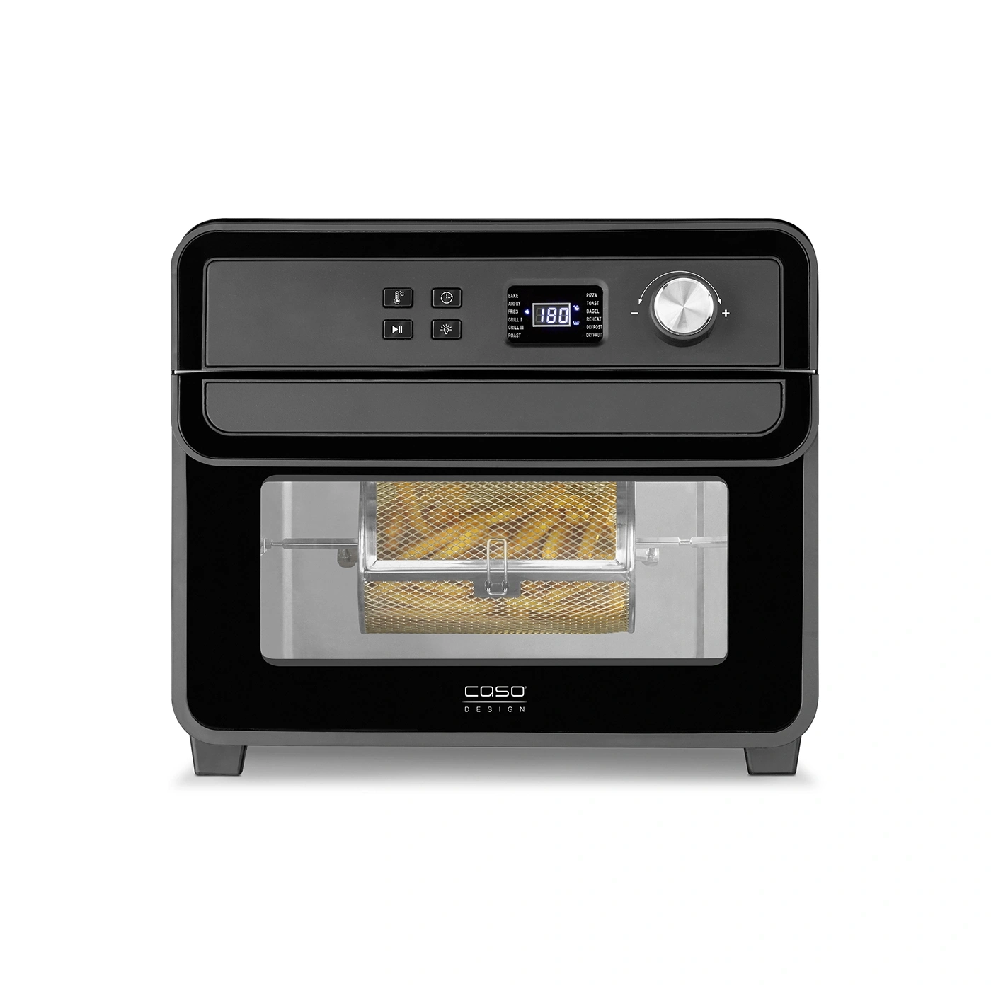 Black air fryer with control panel, food inside, COSO design, temperature display.