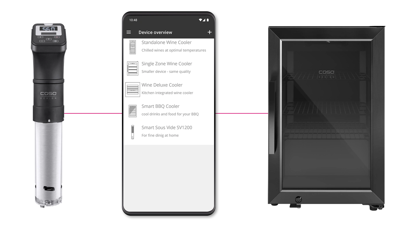 Ein Sous-Vide-Garer und ein Weinkühlschrank werden auf einem Smartphone angezeigt.