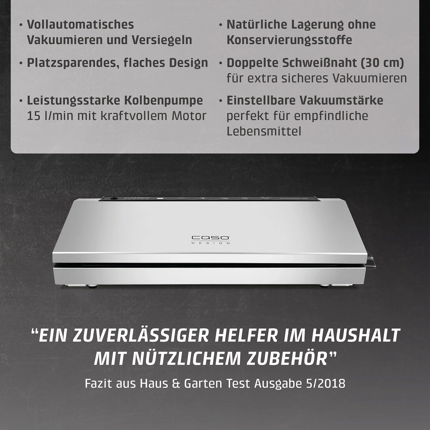 Ein silberner Vakuumierer mit Text über seine Funktionen und ein Zitat.