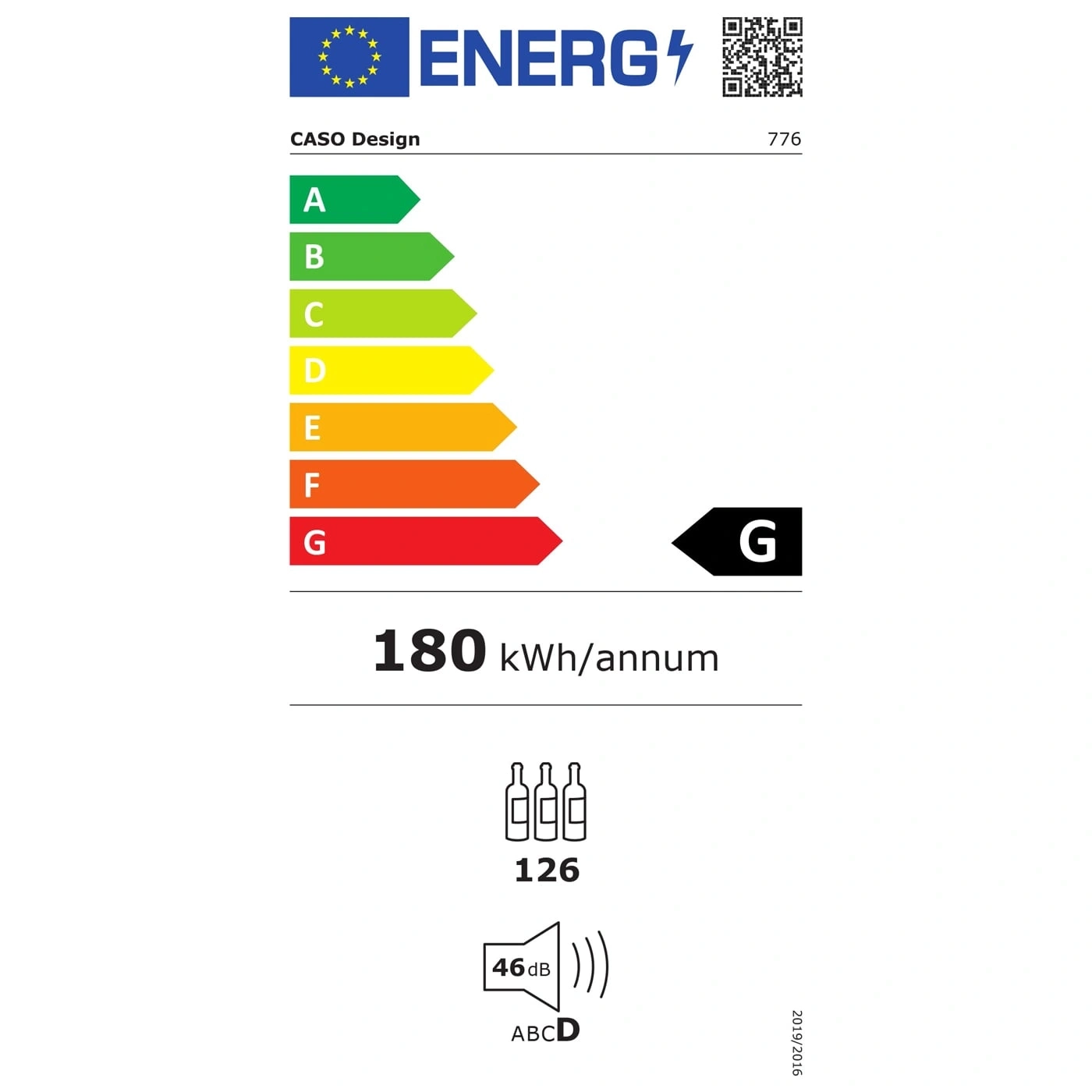 Energy label for Caso Design, energy class G, 180 kWh/annum, capacity 126 bottles