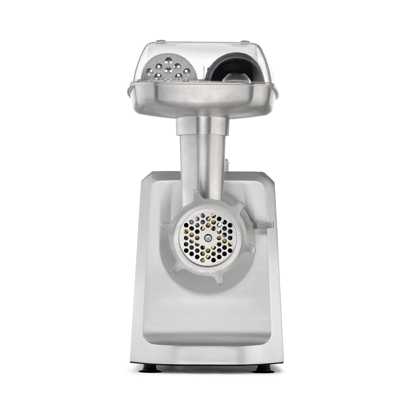 Stainless steel meat grinder, kitchen appliance, close-up, isolated on white background
