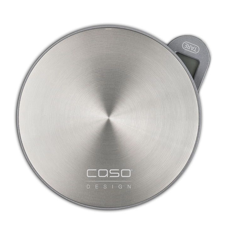 Silver kitchen scale with digital display and TARE button, CASO Design.