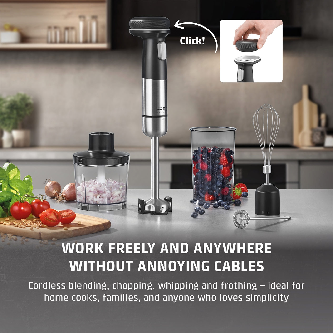 Hand blender with accessories and text: Work freely and everywhere without annoying cables.