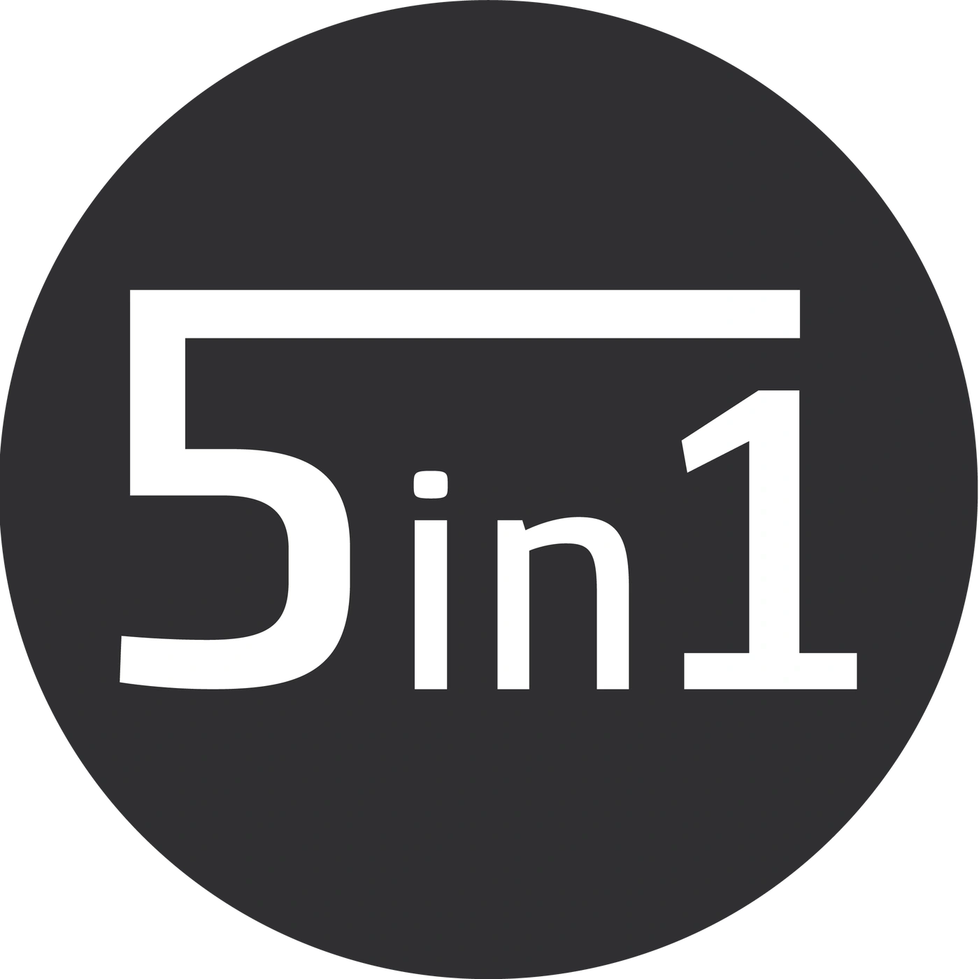 Grauer Kreis mit weißem Text '5 in 1' für Produktwerbung.