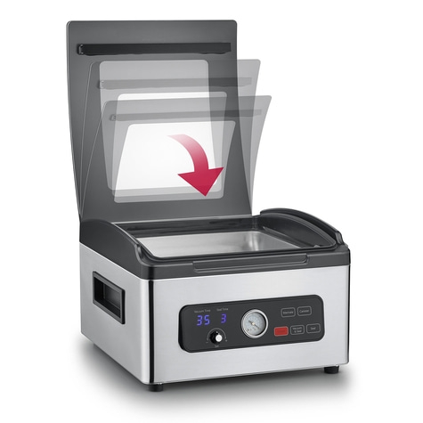 Vacuum sealer with open lid, control panel, and red arrow indicating the closing process.