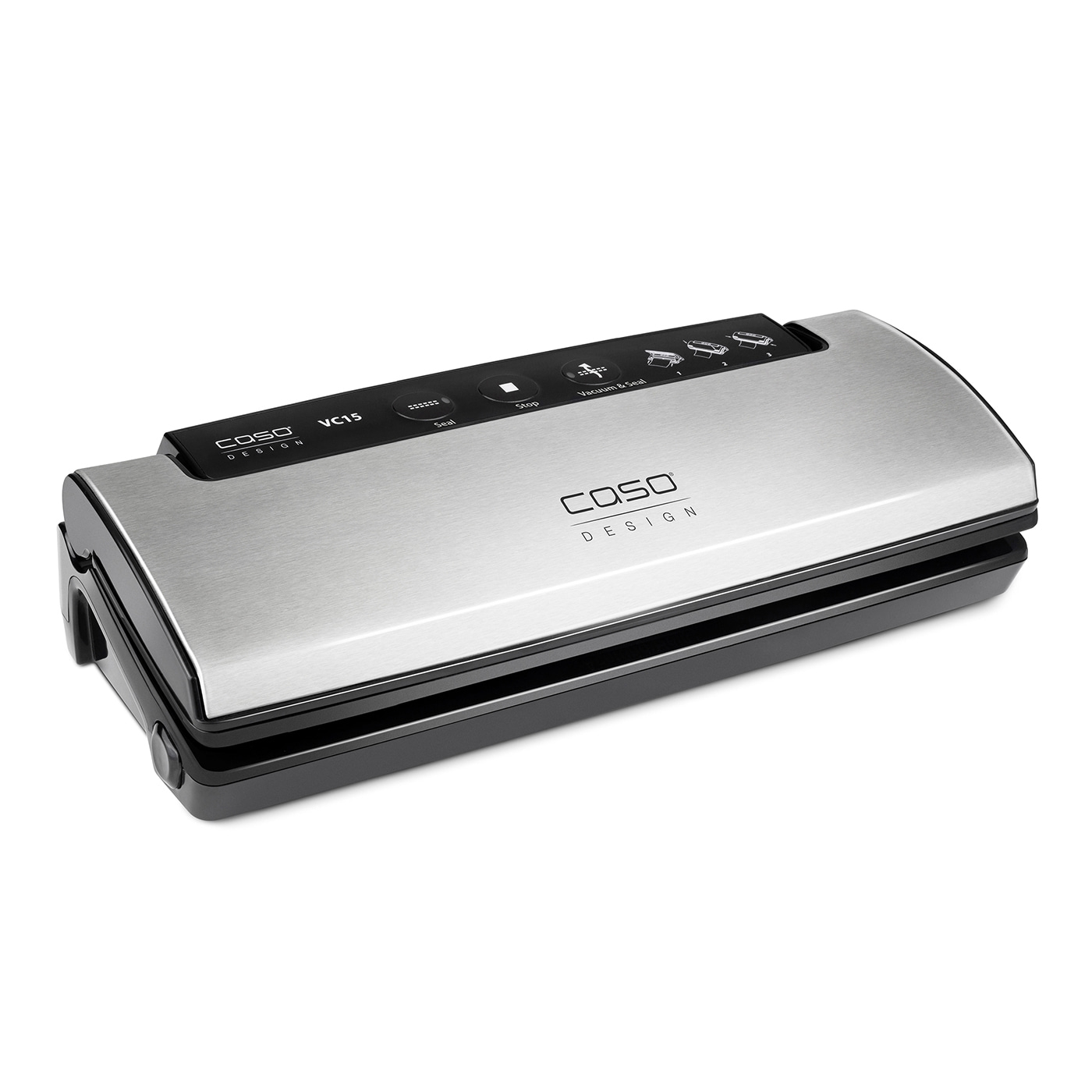 Caso VC15 vacuum sealer, silver, with control panel and logo, isolated on white background