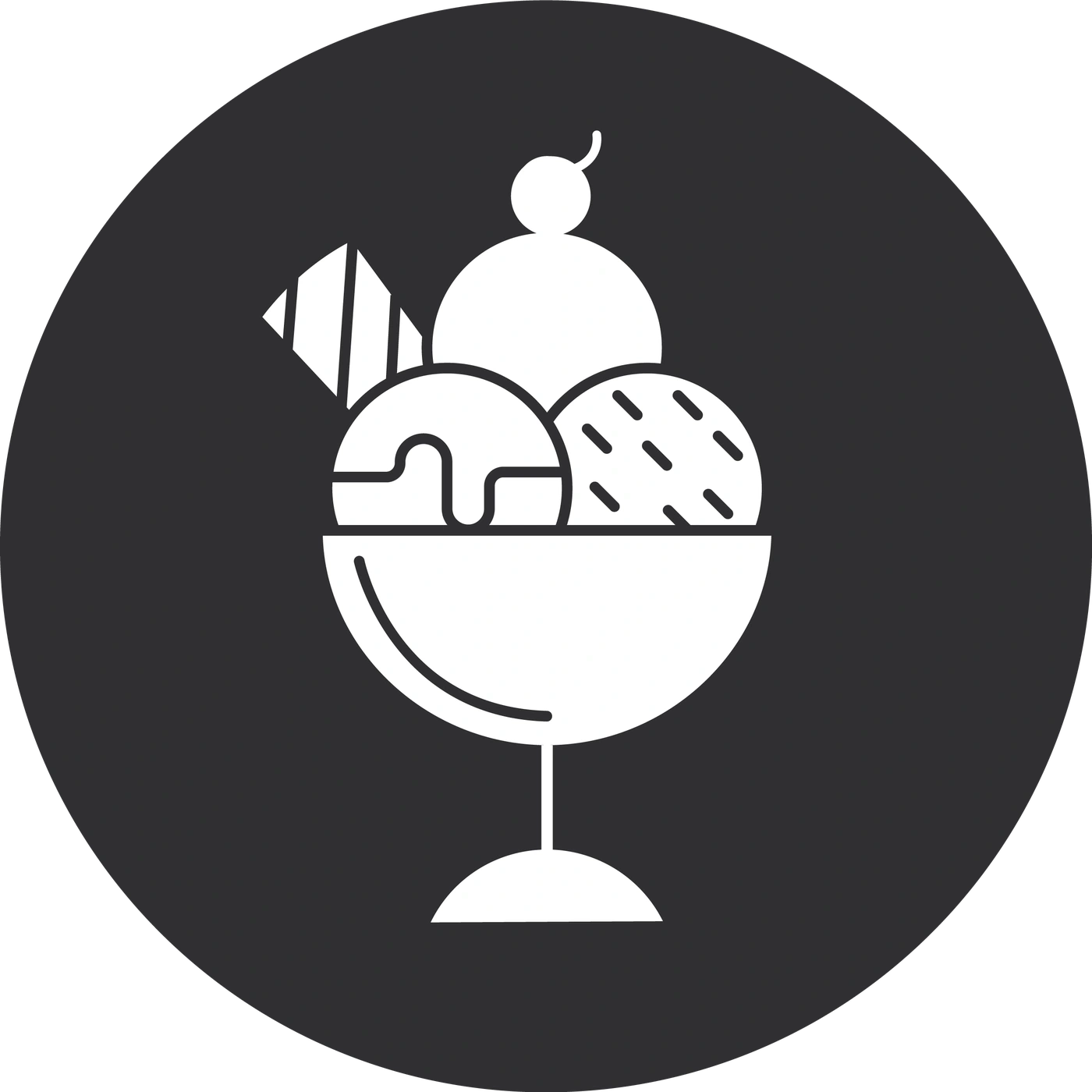 Ice cream sundae icon, ice cream dessert, ice cream scoop, cherry, waffle, sundae cup