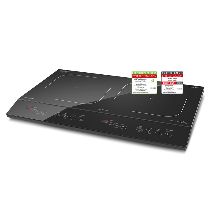 Black induction hob with ratings and controls, max. 2400 W
