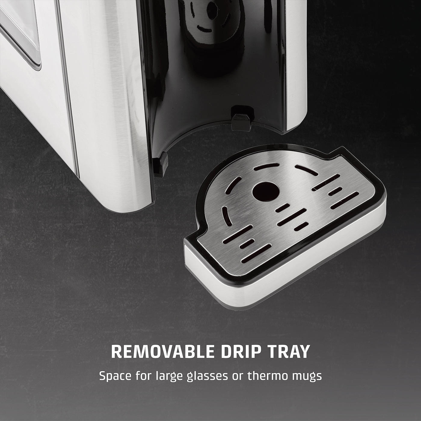 Removable drip tray, space for glasses and thermoses, stainless steel