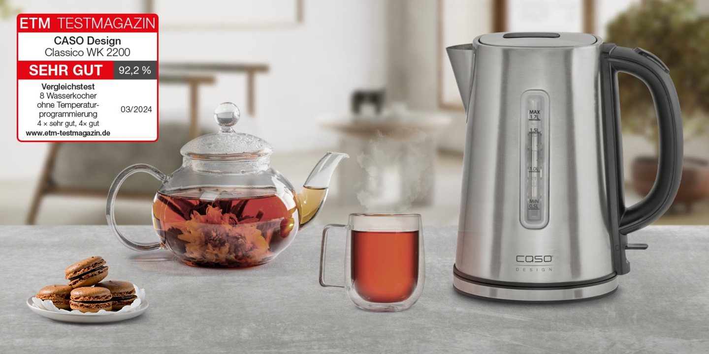 Kettle, teapot, cup of tea, macarons, ETM test magazine rating, 92.2% very good