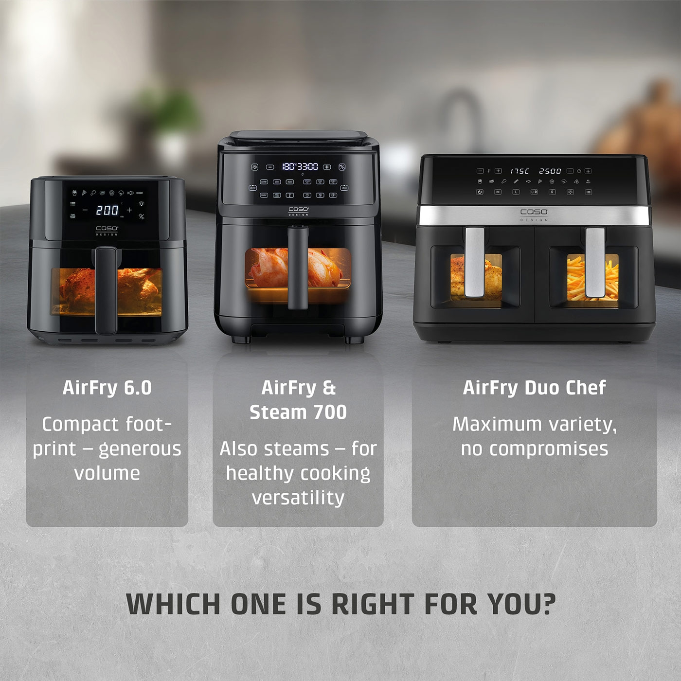 Three air fryer models: AirFry 6.0, Duo Chef, and Steam 700. Choices for healthy cooking.
