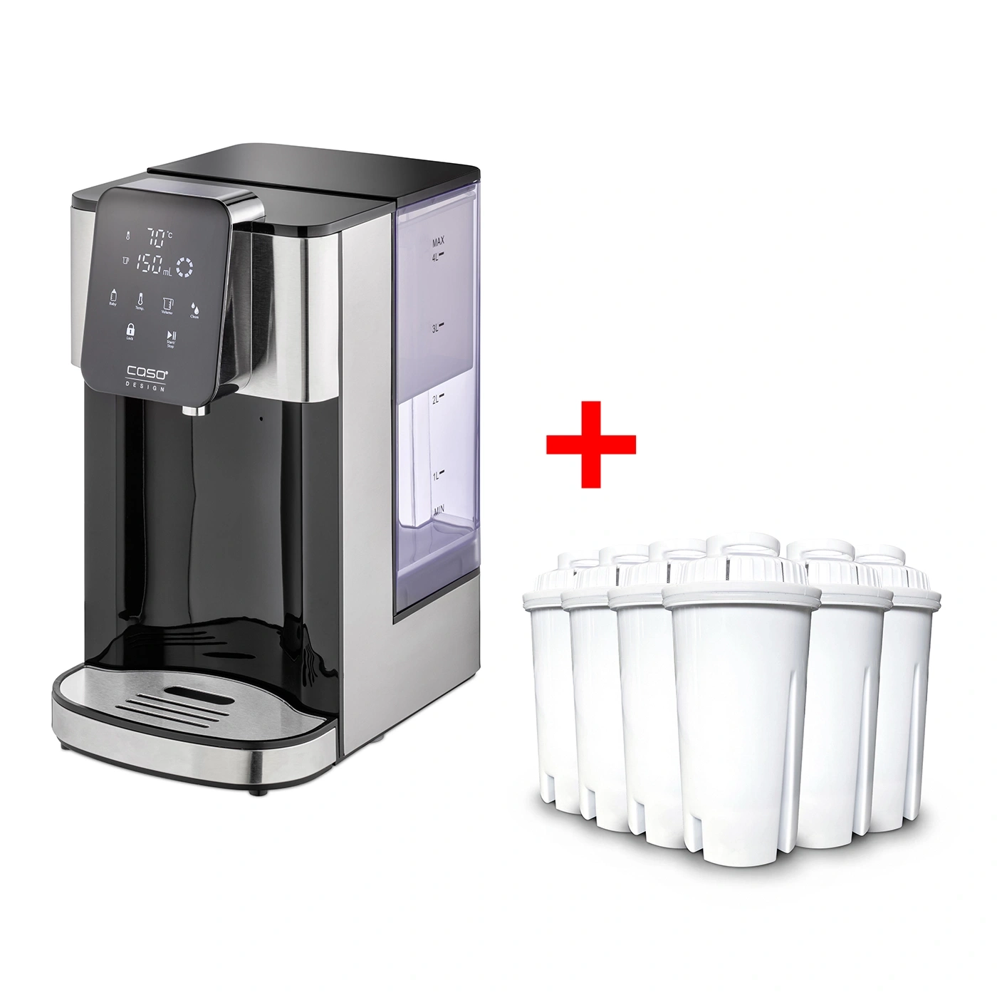 Water boiler with filters and a red plus sign on a white background