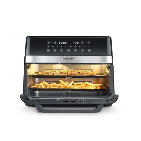 Air fryer with pizza and fries, black design, Caso Design appliance