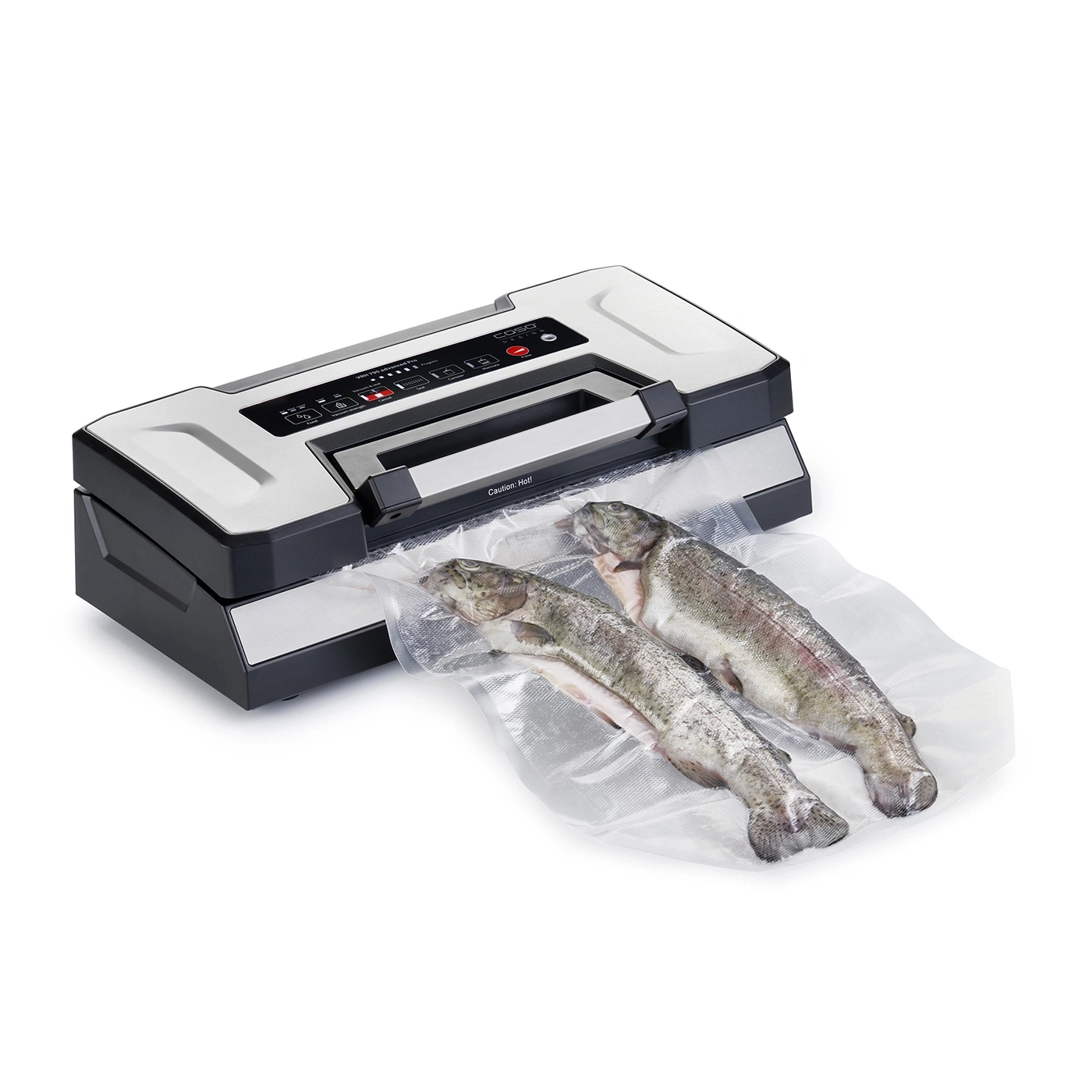 Vacuum sealer with two fish in a plastic bag, ready for vacuum sealing process.