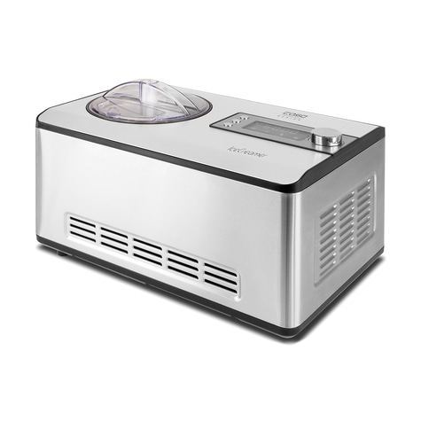 Silver ice cream maker with transparent lid and control panel, Caso Design IceCreamer