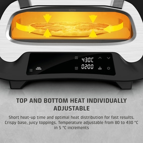Pizza oven with temperature display and text: Top & bottom heat separately controllable