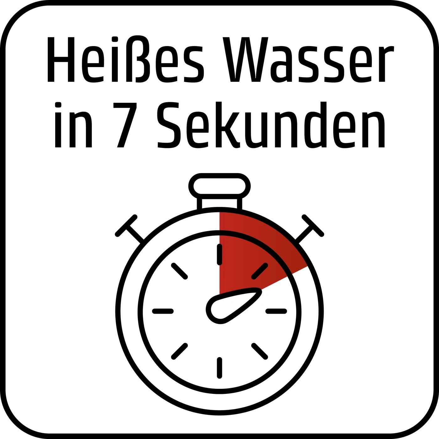 Heißes Wasser in 7 Sekunden. Stoppuhr zeigt Zeit an.